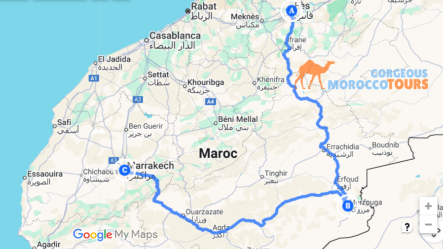 2 days trail from Fes to Marrakech passing by Merzouga Desert.
