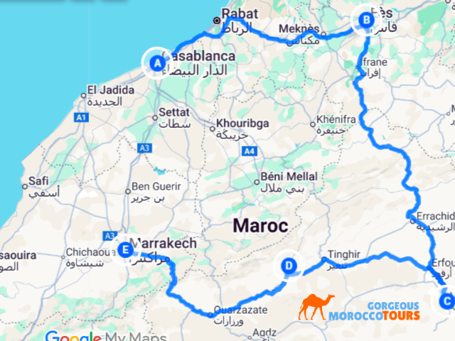 4 days tour from Casablanca to Marrakech map.